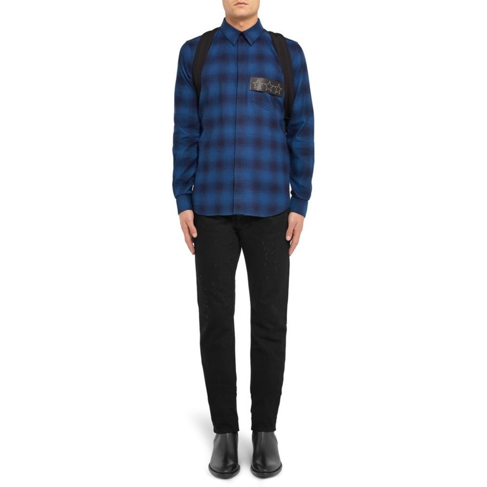 Givenchy Leather Trimmed Plaid Shirt in Medium Blue